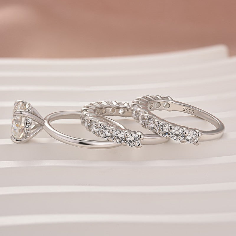 Moissanite 3.0 Ct Round Cut Engagement Ring with Half Round Cut Wedding Band