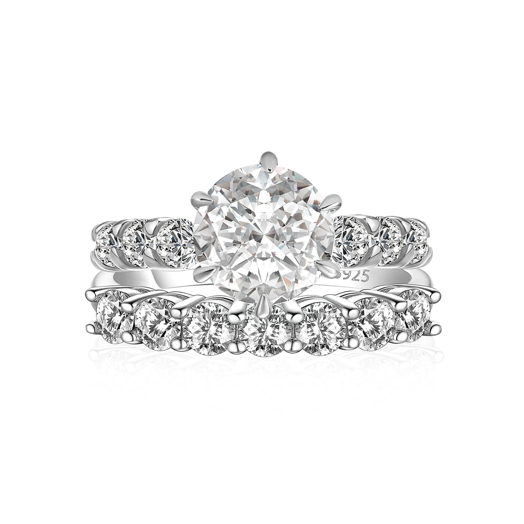 Moissanite 2.0 Ct 6 Prong Round Cut White Gold Engagement Ring with Seven Stone Low Dome Basket Anniversary Ring