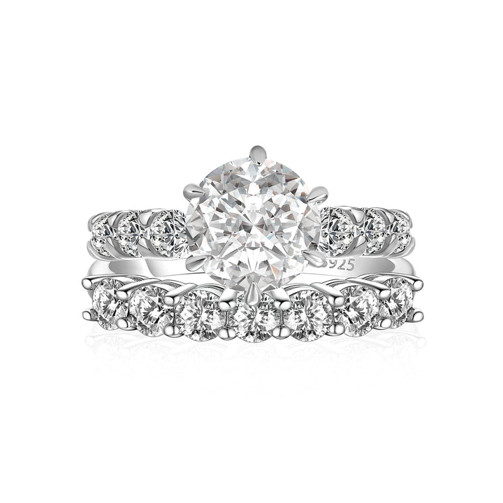 Moissanite 2.0 Ct 6 Prong Round Cut White Gold Engagement Ring with Seven Stone Low Dome Basket Anniversary Ring