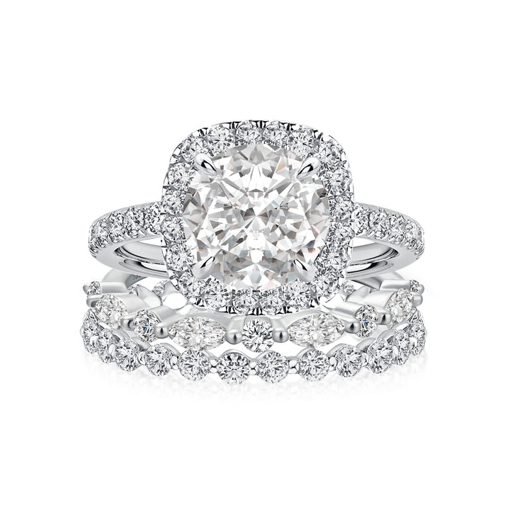 Moissanite 2.0Ct Halo Round Cut White Gold Promise Ring With Round Cut &amp; Marquise Cut Anniversary Ring