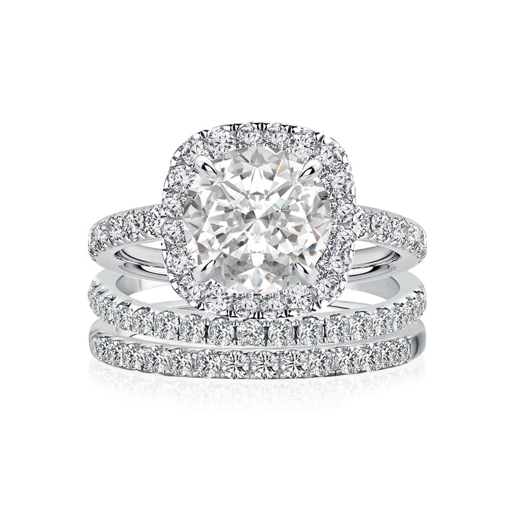 Moissanite 2.0 Ct Halo Round Cut White Gold Promise Ring with Full Eternity Thin Wedding Band