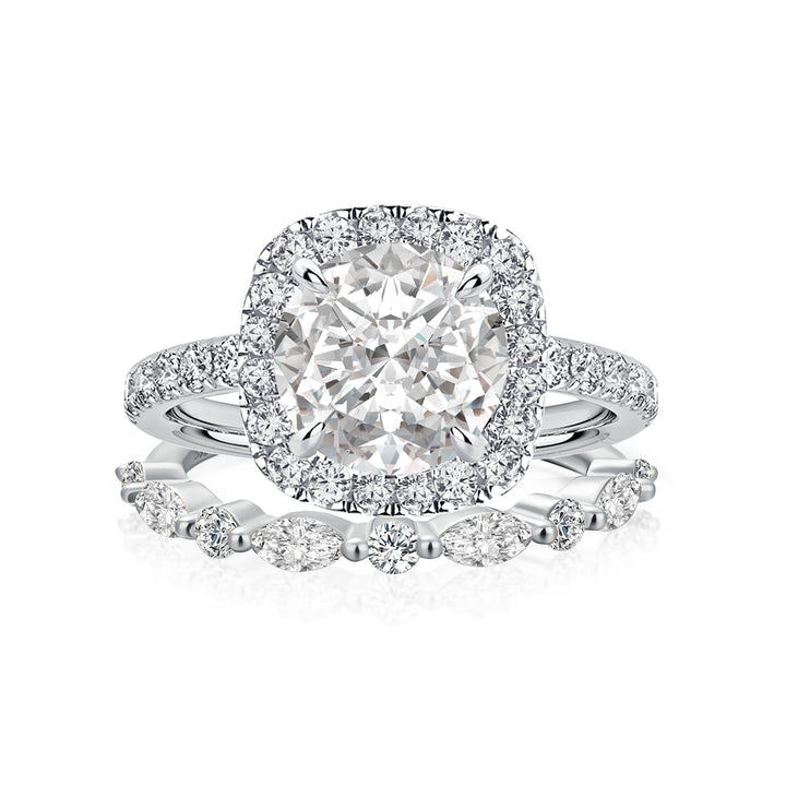Moissanite 2.0Ct Halo Round Cut White Gold Promise Ring With Round Cut &amp; Marquise Cut Anniversary Ring