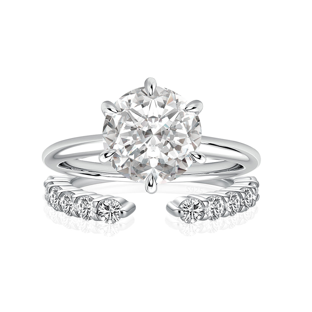 Moissanite 3.0Ct Round Cut 6 Prong White Gold Wedding Ring with Open Wedding Band