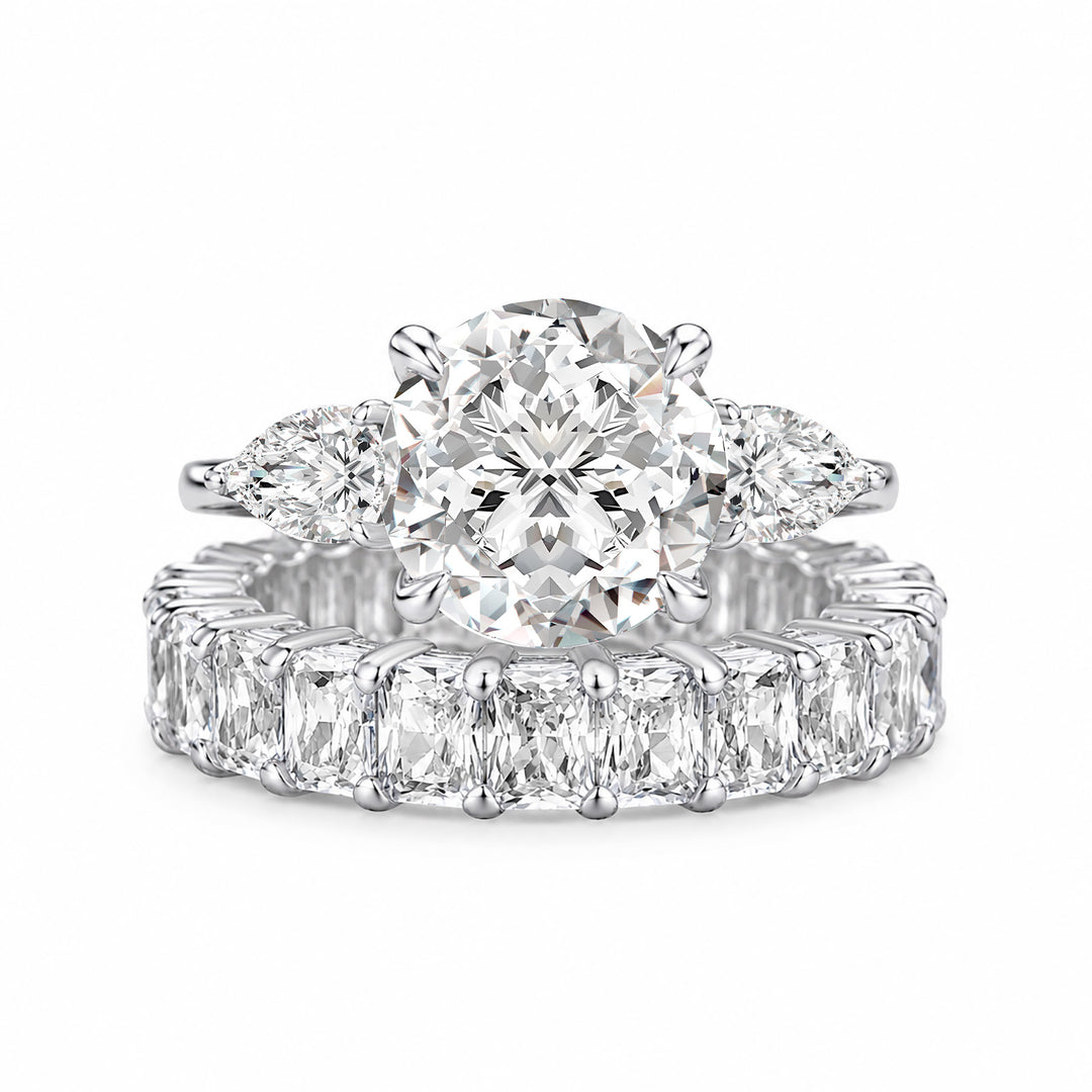 S925 Moissanite 4.0Ct Round Cut Three Stone Engagement Ring with 3.5Ct Elegant Radiant Cut Wedding Band