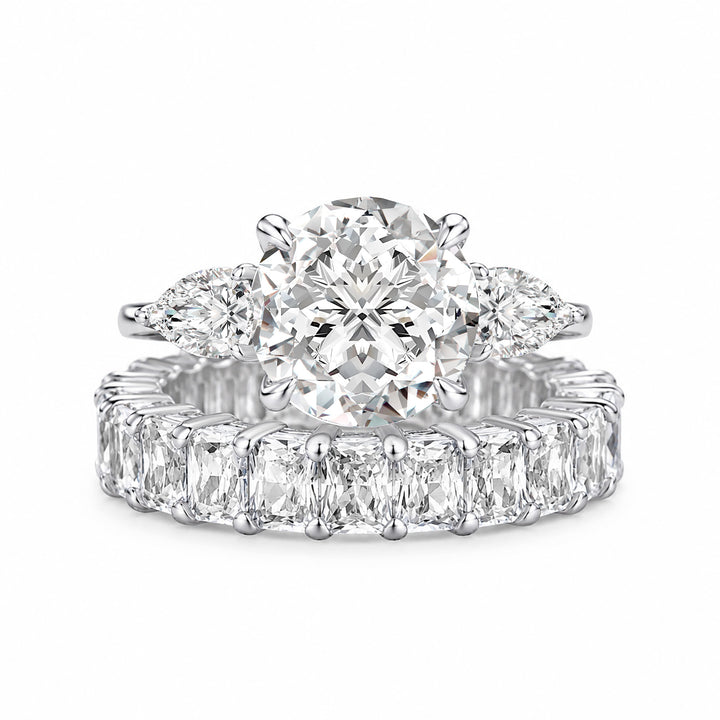 S925 Moissanite 4.0Ct Round Cut Three Stone Engagement Ring with 3.5Ct Elegant Radiant Cut Wedding Band