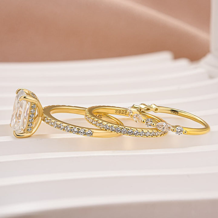 3.5 Ct Radiant Cut Yellow Gold Moissanite Diamond Wedding Ring with Round &amp; Marquise Accents Bands