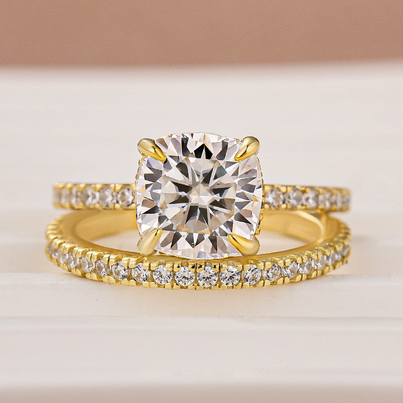 Moissanite 2.5Ct Cushion Cut Yellow Gold Bridal Wedding Ring Set