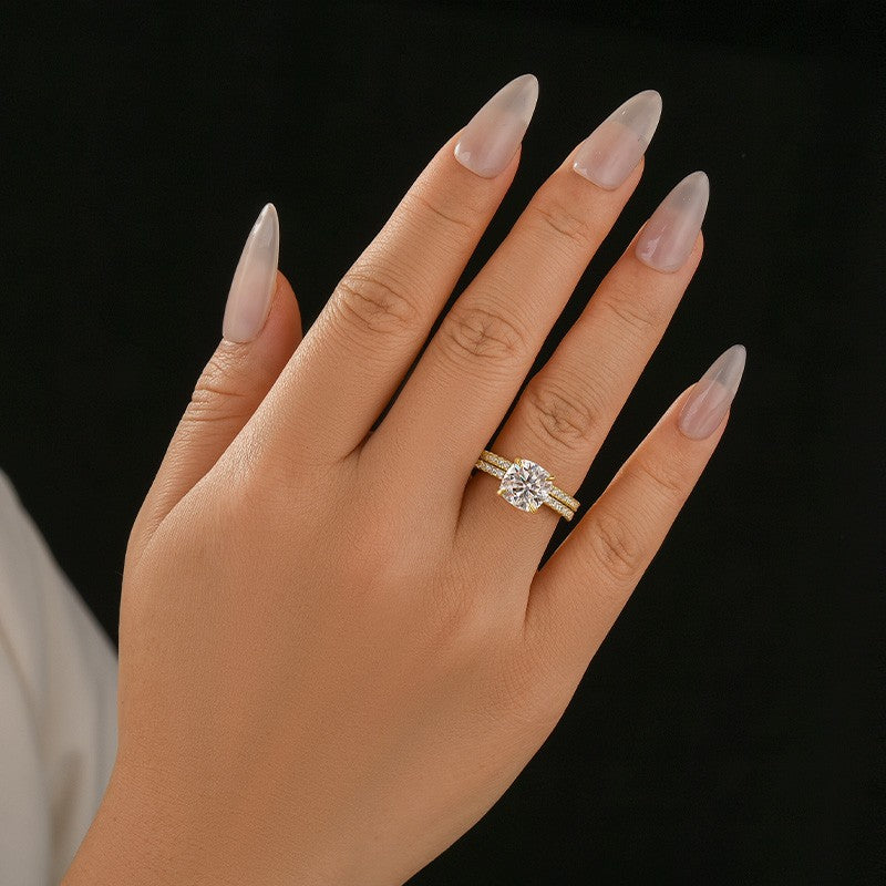 Moissanite 2.5Ct Cushion Cut Yellow Gold Bridal Wedding Ring Set