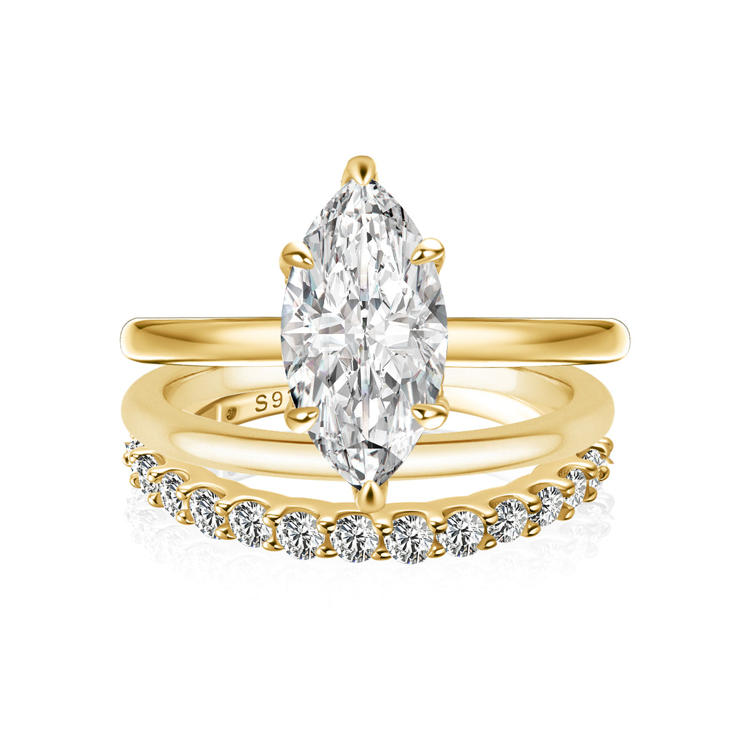 Moissanite 2.0 Ct Marquise Cut Solitaire Yellow Gold Promise Ring with Half Round Cut Anniversary Ring