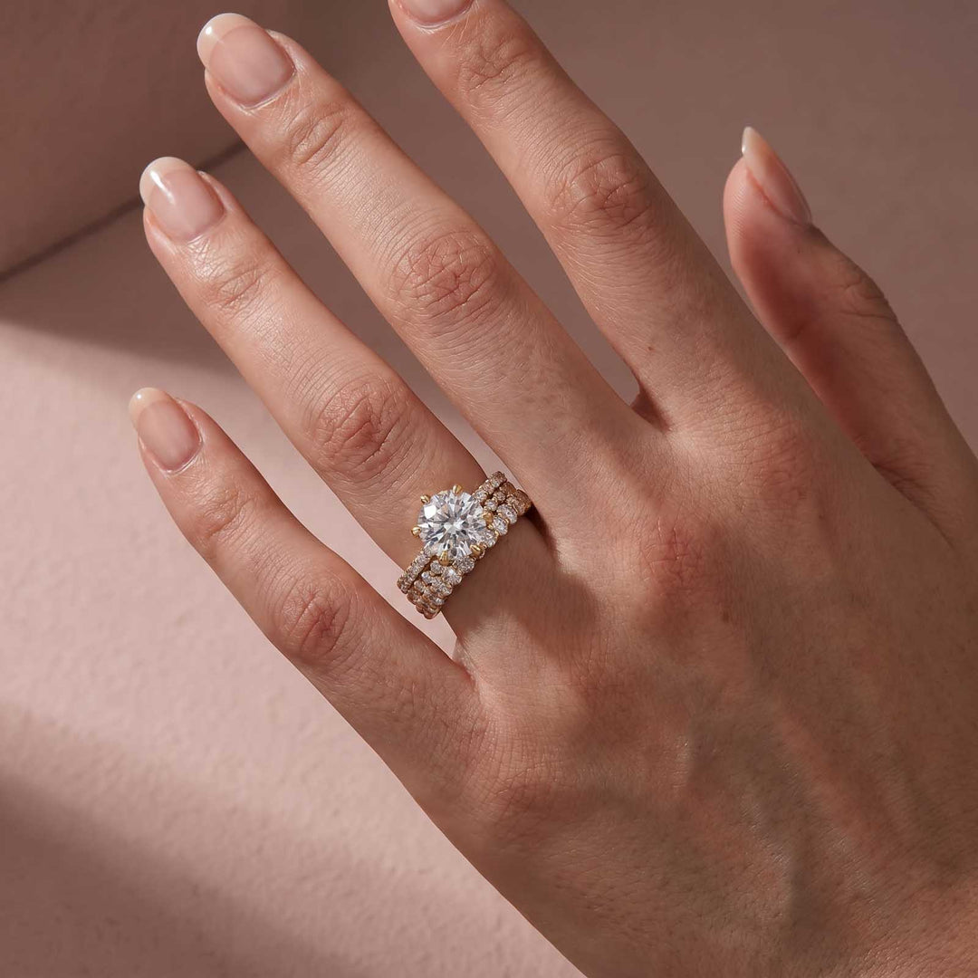Rodiffy Moissanite 3.0Ct Round Cut Yellow Gold 3PC Travel Engagement Ring with Oval & Round Cut Wedding Band