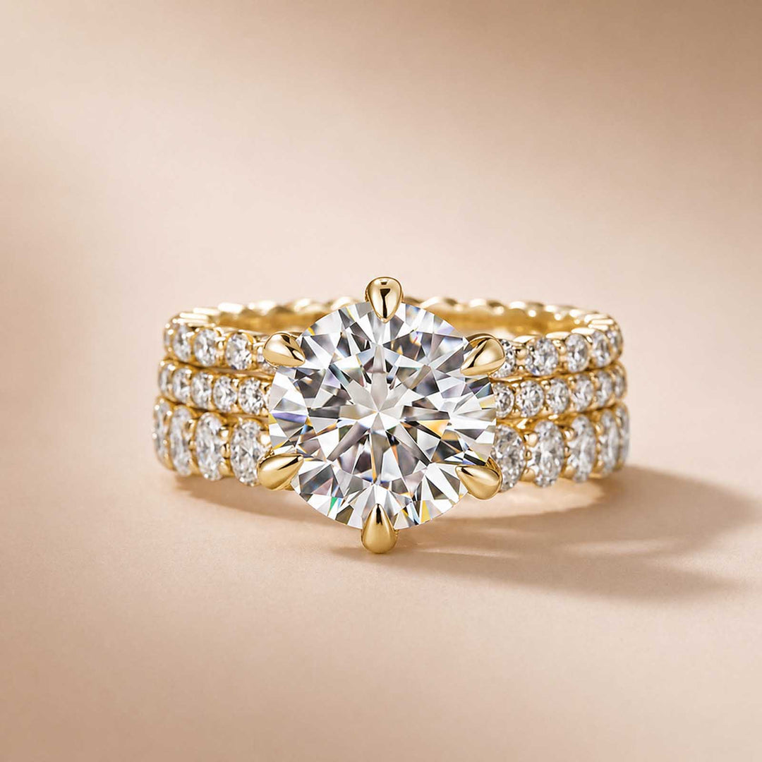 Rodiffy Moissanite 3.0Ct Round Cut Yellow Gold 3PC Travel Engagement Ring with Oval & Round Cut Wedding Band