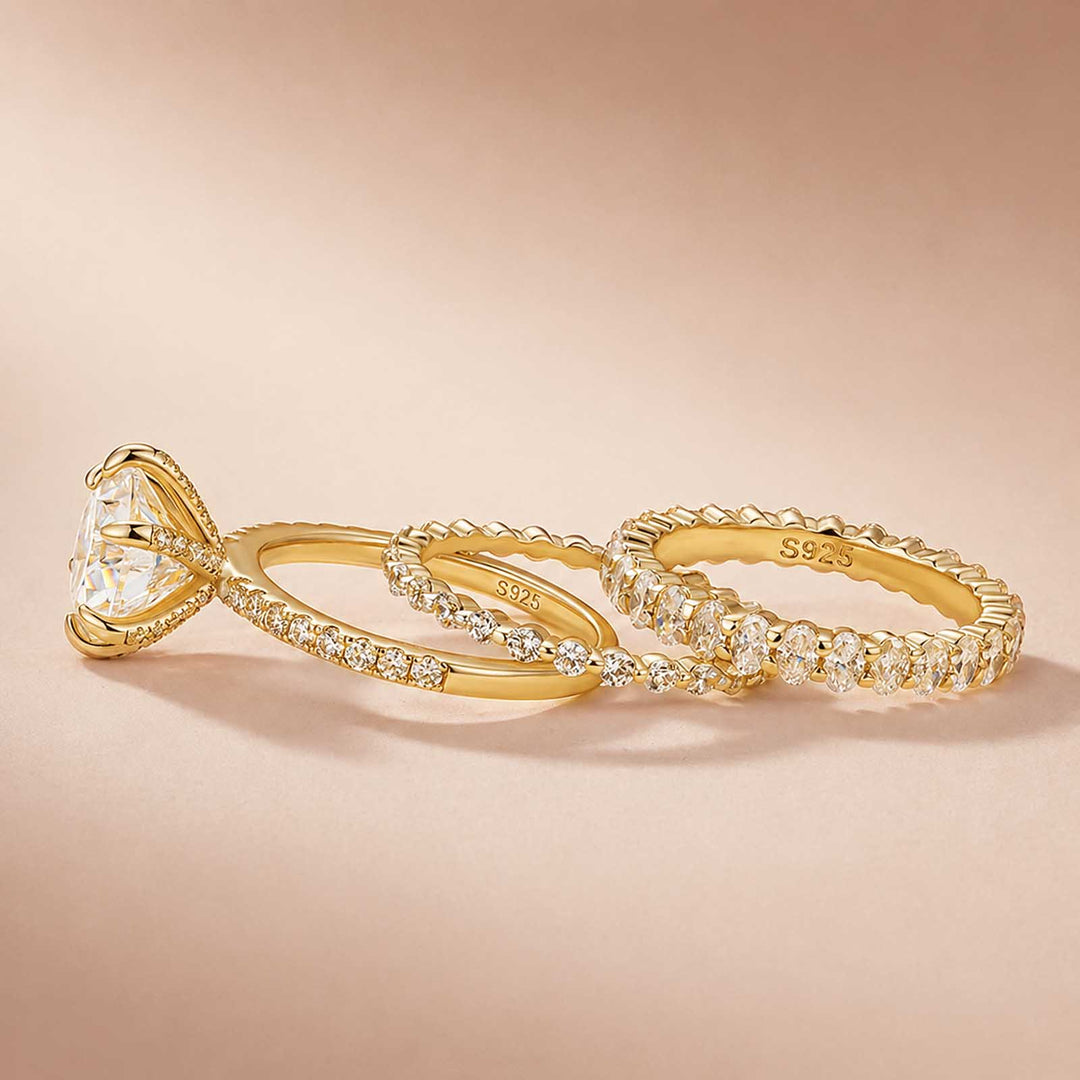 Rodiffy Moissanite 3.0Ct Round Cut Yellow Gold 3PC Travel Engagement Ring with Oval & Round Cut Wedding Band