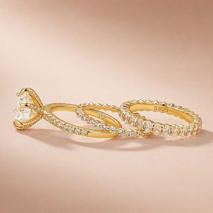 Rodiffy Moissanite 3.0Ct Round Cut Yellow Gold 3PC Travel Engagement Ring with Oval &amp; Round Cut Wedding Band