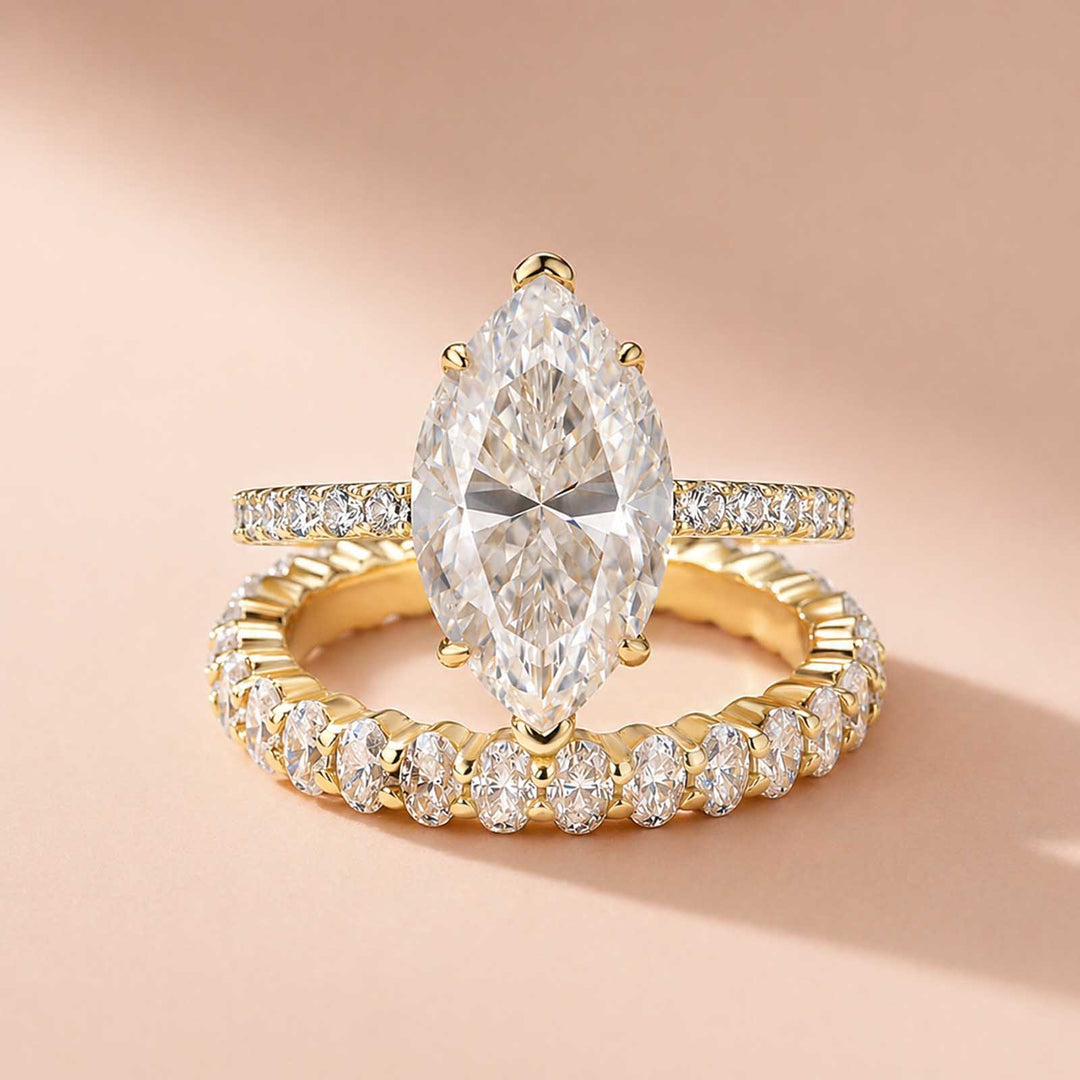 Rodiffy Moissanite 2PC 4.0Ct Marquise Cut Yellow Gold Bridal Ring Set with Oval Cut Wedding Band