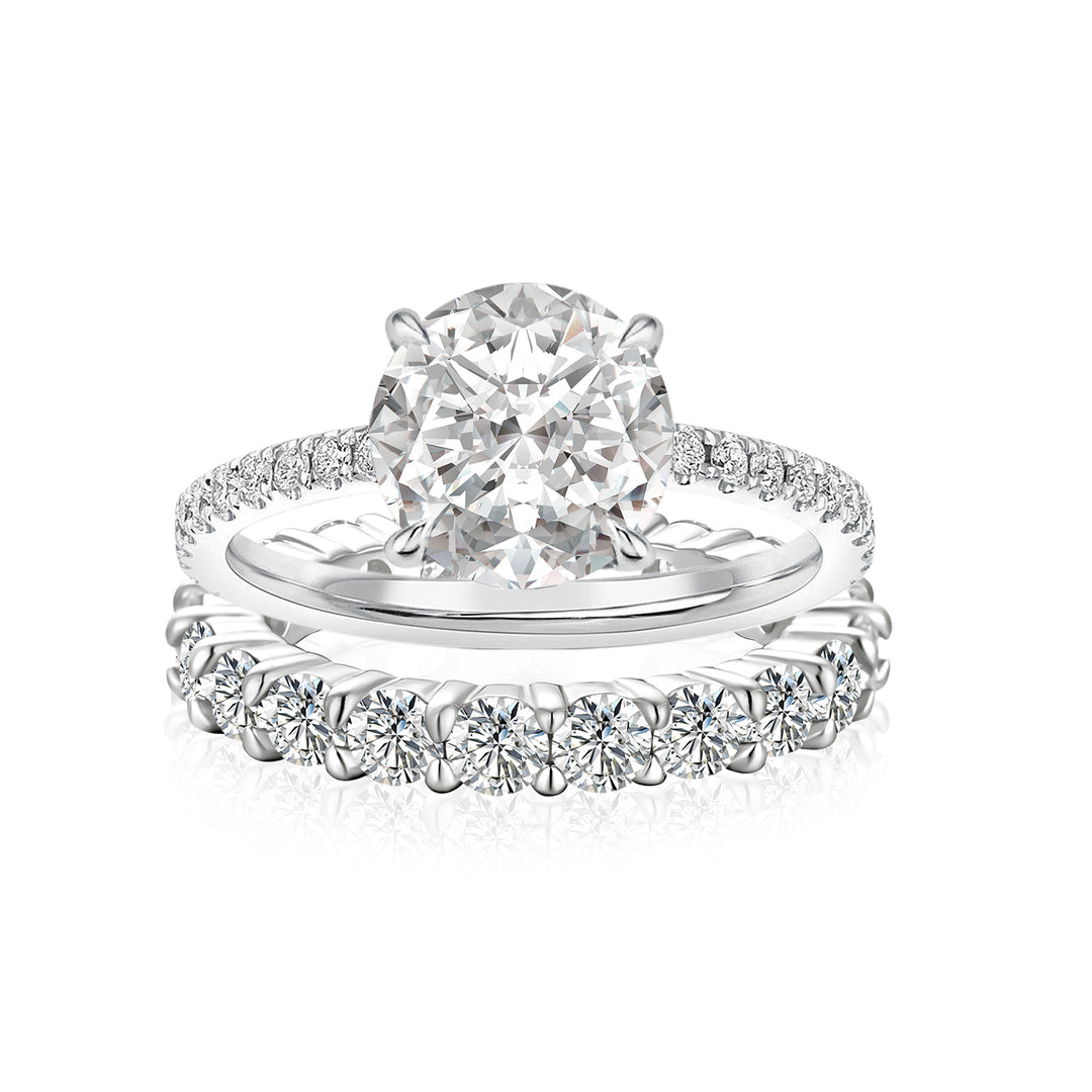 Moissanite 2.0 Ct Round Cut White Gold Engagement Ring with Low Dome Basket Eternity Ring
