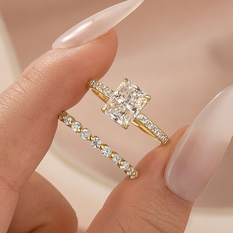 Moissanite 2.0Ct Radiant Cut Yellow Gold Wedding Ring with Round Cut Wedding Band