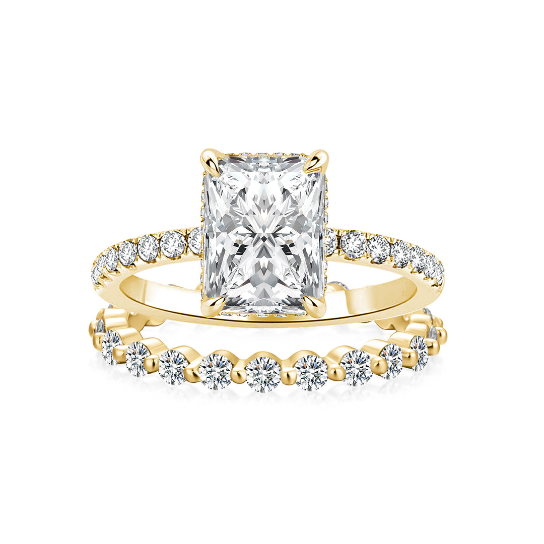 Moissanite 2.0Ct Radiant Cut Yellow Gold Wedding Ring with Round Cut Wedding Band