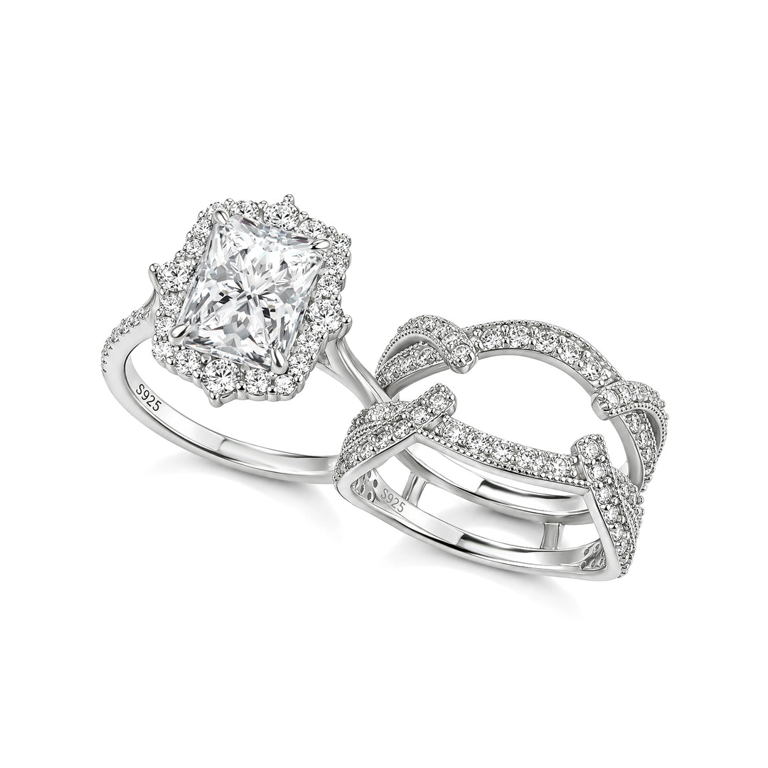 Moissanite 3.0Ct Radiant Cut White Gold Stack Wedding Ring with Enhancer Wedding Band