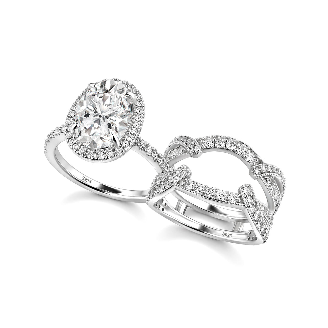 Moissanite 4.0Ct Halo Oval Cut White Gold Stack Wedding Ring with Enhancer Wedding Band