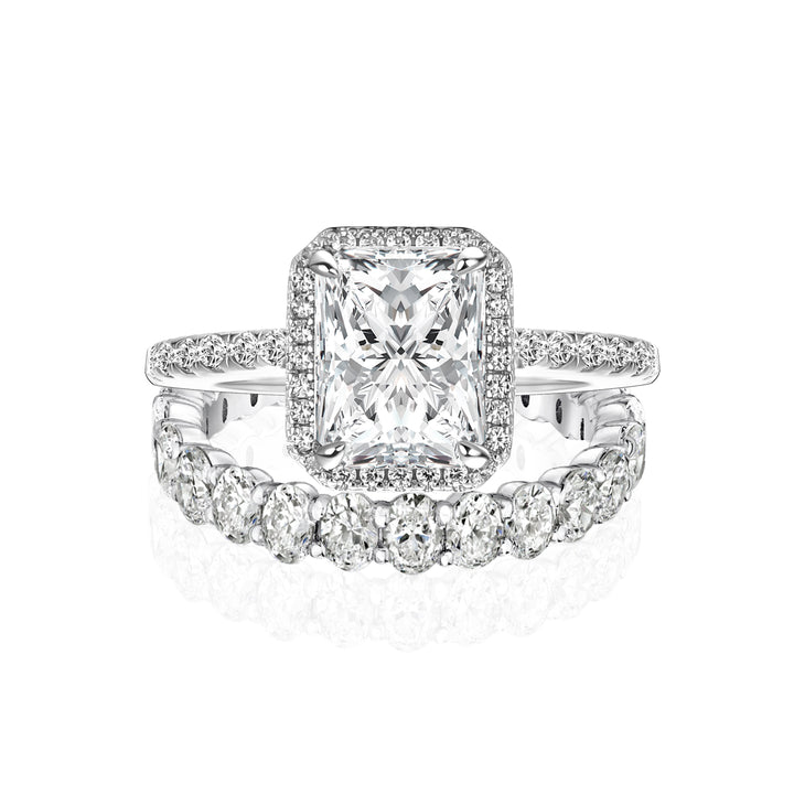 Moissanite 3.0Ct Halo Radiant Cut White Gold Wedding Ring with Oval Cut Wedding Band