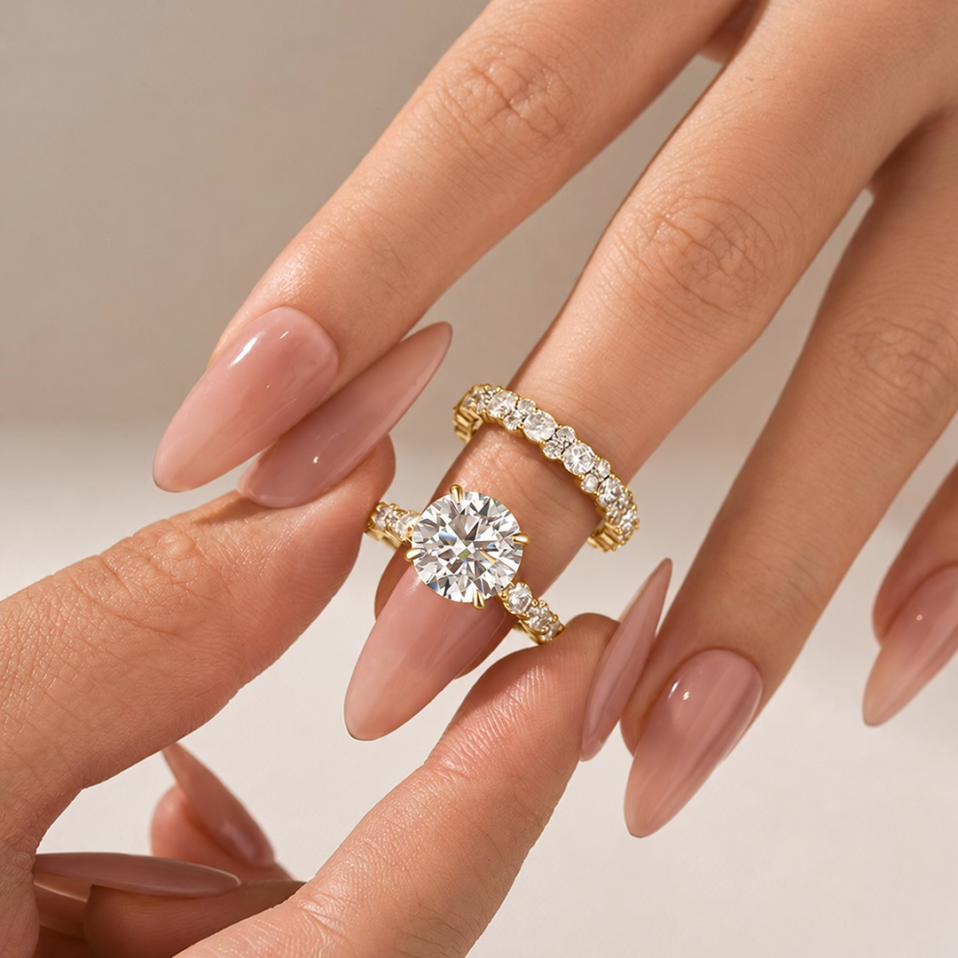 Moissanite 4.0Ct/3.0 Ct Round Cut White Gold Stack Wedding Ring with Round Cut Full Wedding Band