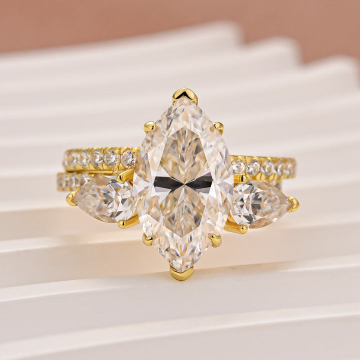 Moissanite 4.0Ct Marquise Cut Yellow Gold Wedding Ring with Open Pear Cut Enhancer Ring