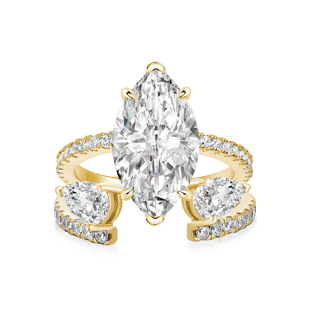 Moissanite 4.0Ct Marquise Cut Yellow Gold Wedding Ring with Open Pear Cut Enhancer