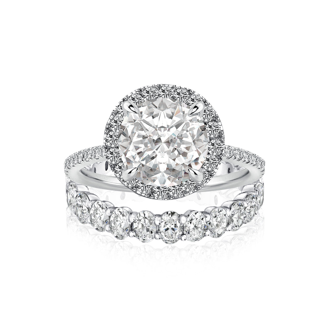 Rodiffy Moissanite 2.0 Ct Halo Round Cut White Gold Wedding Ring with Oval Cut Wedding Band