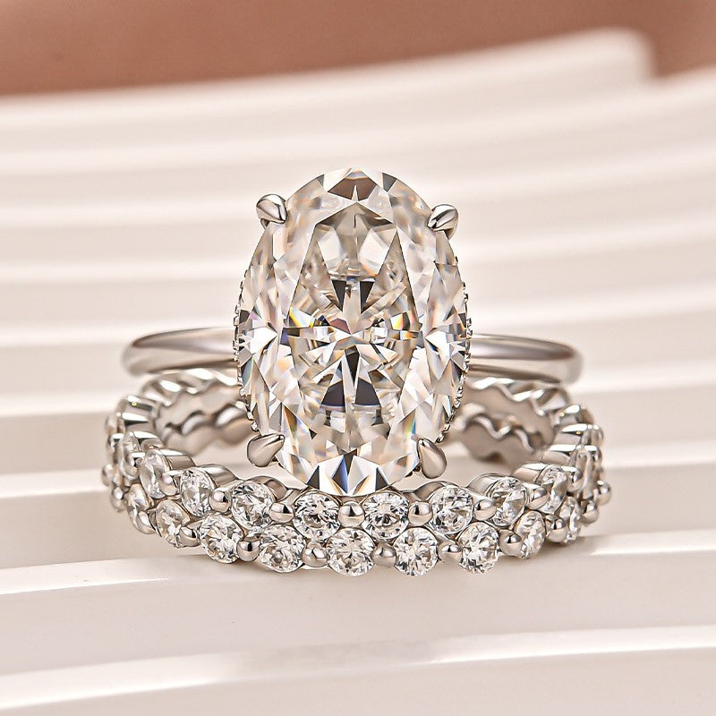 Moissanite 5.5Ct Hidden Halo Oval Cut Engagement Ring with 1.5 Ct Round Cut Yellow Gold Anniversary Ring