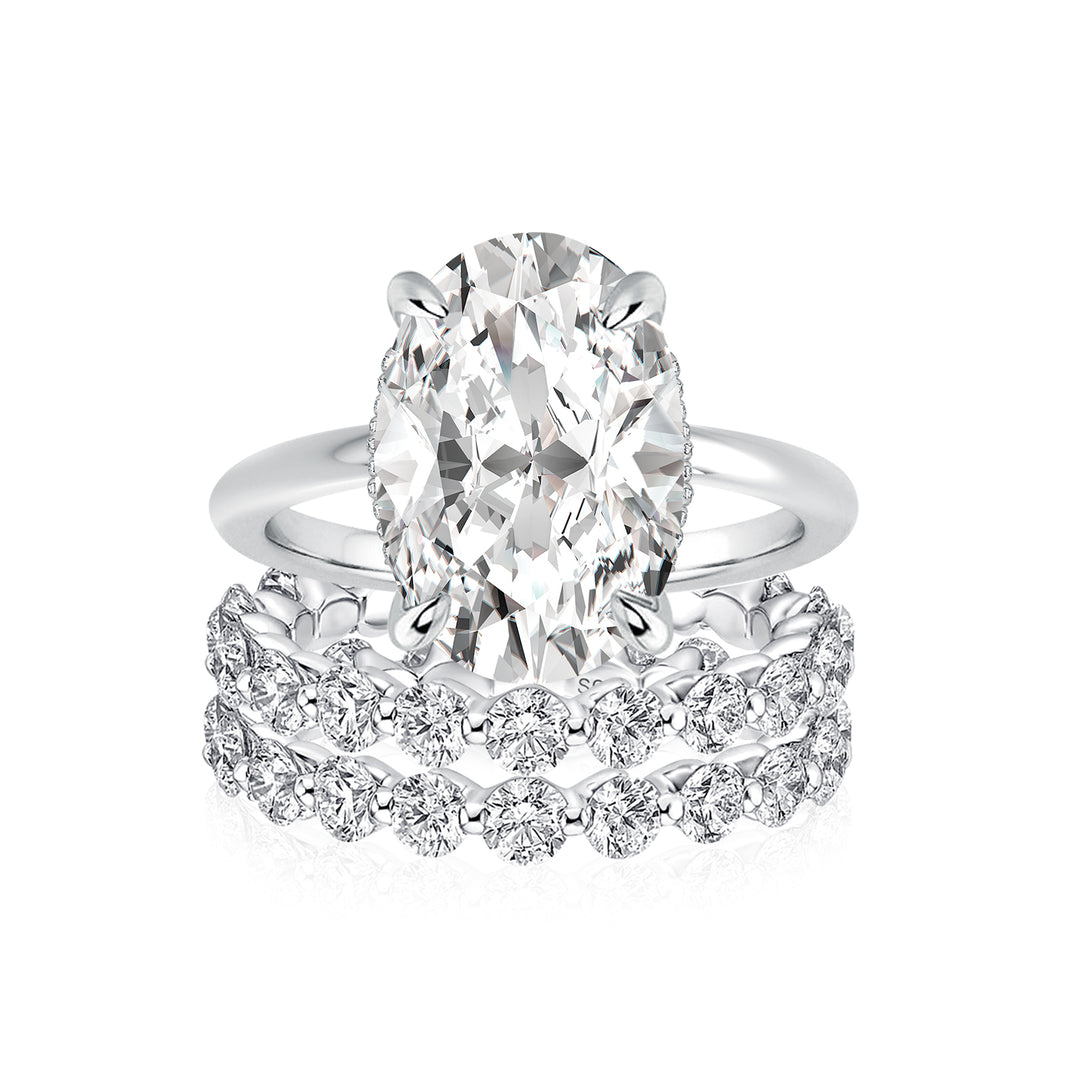 Moissanite 5.5Ct Hidden Halo Oval Cut Engagement Ring with 1.5 Ct Round Cut Yellow Gold Anniversary Ring