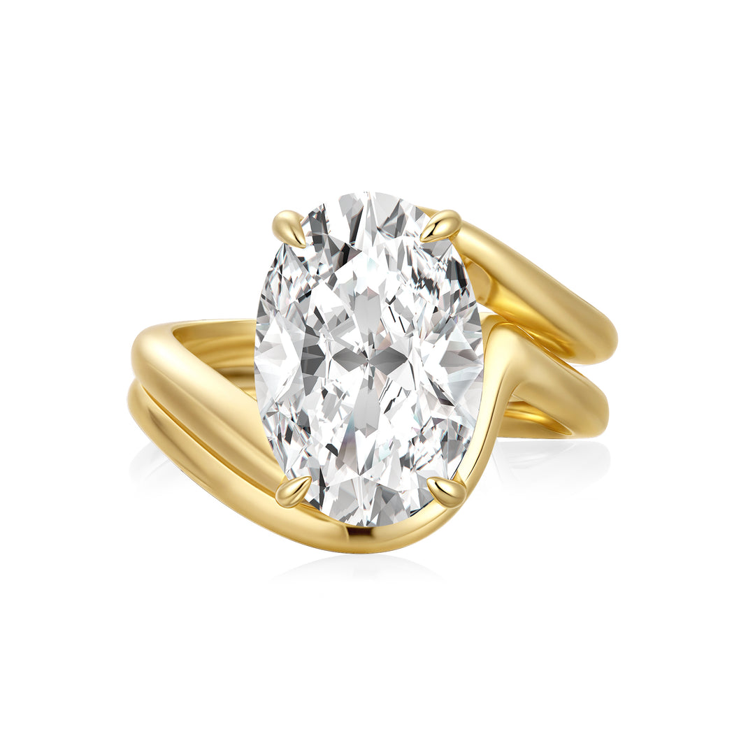 2PC Moissanite Wedding Sets 5.5Ct Oval Cut Yellow Gold Bypass Engagement Ring with Curved Wedding Band