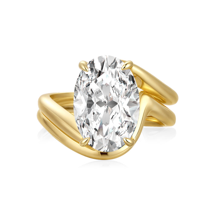 2PC Moissanite Wedding Sets 5.5Ct Oval Cut Yellow Gold Bypass Engagement Ring with Curved Wedding Band