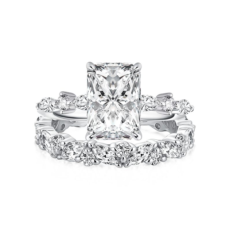 Moissanite 3.5 Ct Radiant Cut White Gold Engagement Ring with Marquise & Round Wedding Ring