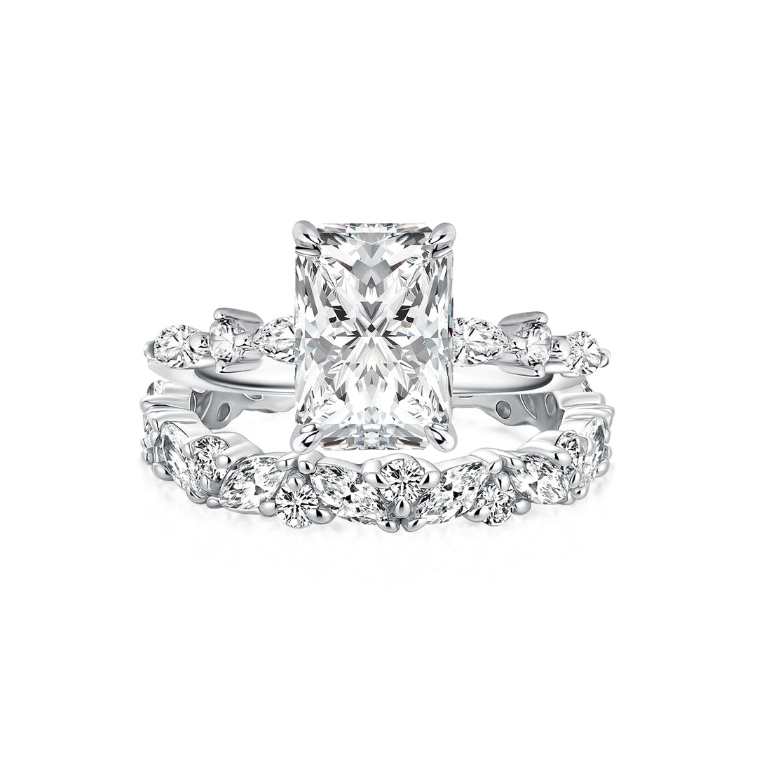 Moissanite 3.5 Ct Radiant Cut White Gold Engagement Ring with Marquise & Round Wedding Ring