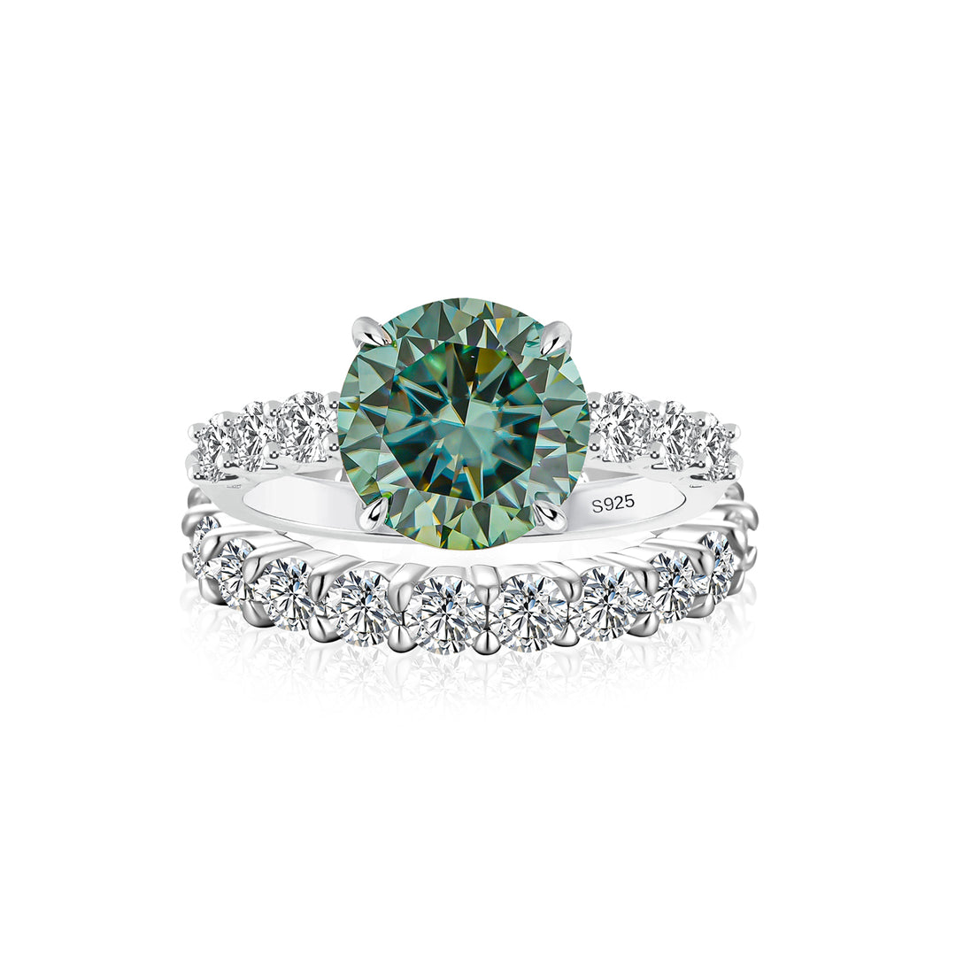 Moissanite 4.0Ct Turquoise Round Cut Side Stone White Gold Travel Bridal Set