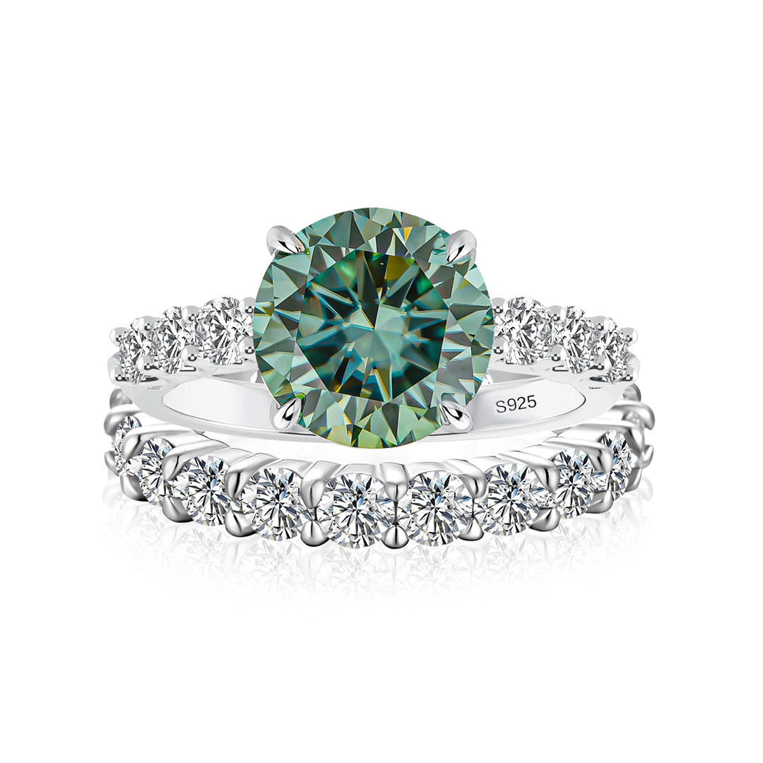 Moissanite 4.0Ct Turquoise Round Cut Side Stone White Gold Travel Bridal Set