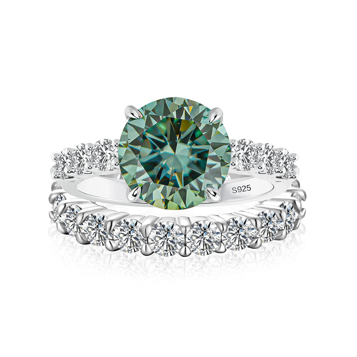 Moissanite 4.0Ct Turquoise Round Cut Side Stone White Gold Travel Bridal Set