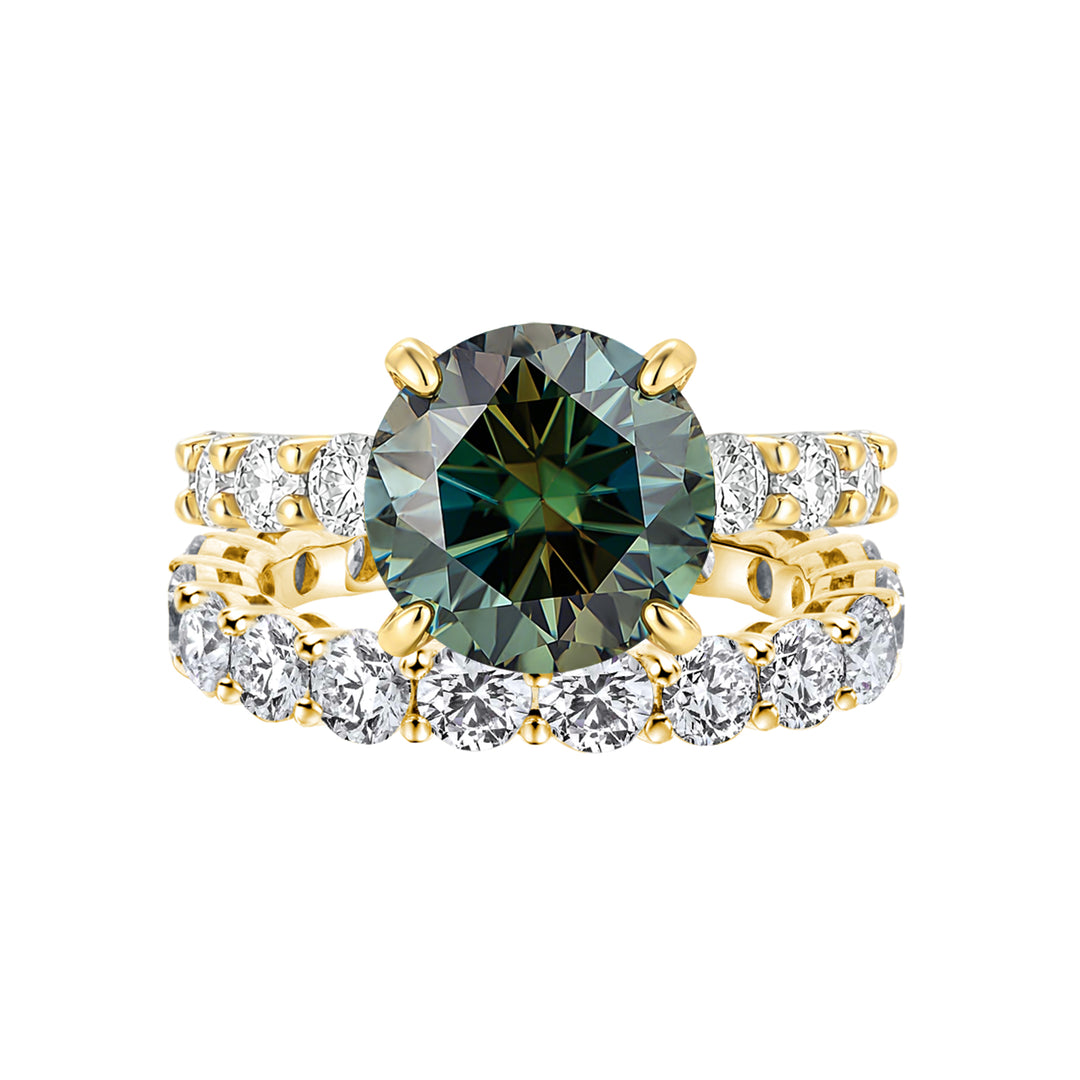 S925 Green Moissanite 4.0CT Round Cut Hidden Halo Engagement Ring with 2.5Ct Round Cut Wedding Band For Women