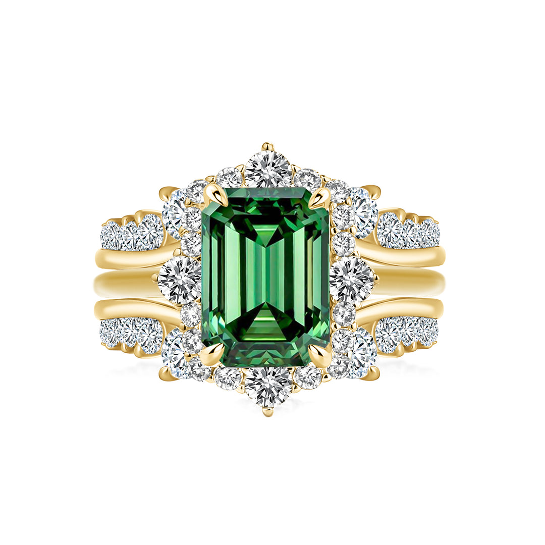 Moissanite 3.0Ct Yellow Gold Halo Emerald Stone Emerald Cut Engagement Ring with Enhancer Ring