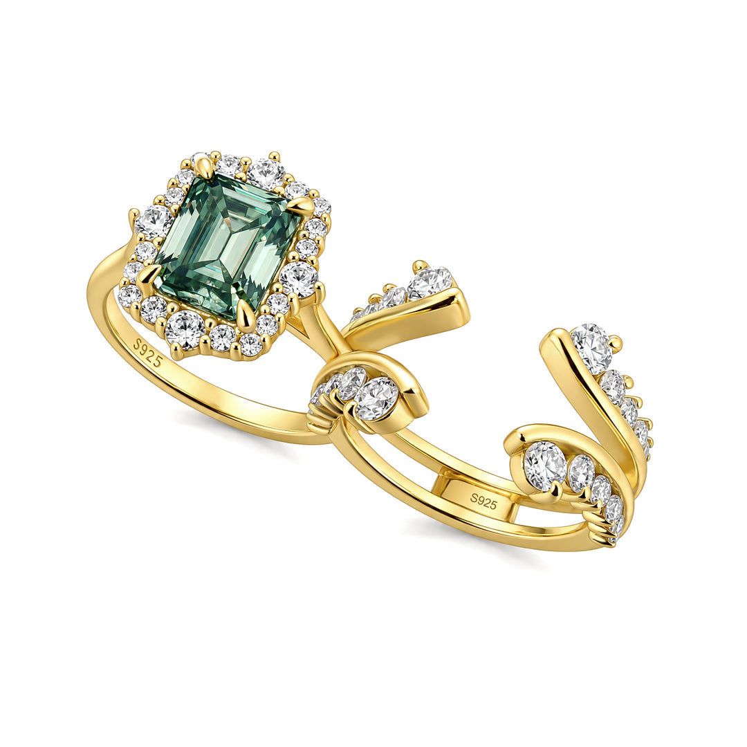 Moissanite 3.0Ct Yellow Gold Halo Emerald Stone Emerald Cut Engagement Ring with Enhancer Ring