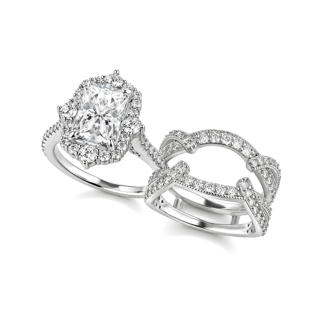 Moissanite 3.0C Radiant Cut Vintage Halo Stack Wedding Ring with Enhancer Wedding Band In Sterling Silver