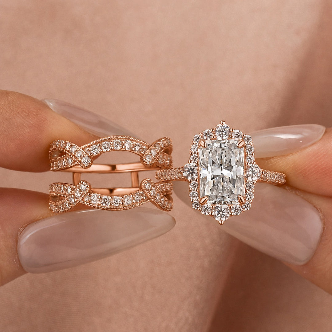 Moissanite 3.0C Radiant Cut Vintage Halo Stack Wedding Ring with Enhancer Wedding Band In Sterling Silver