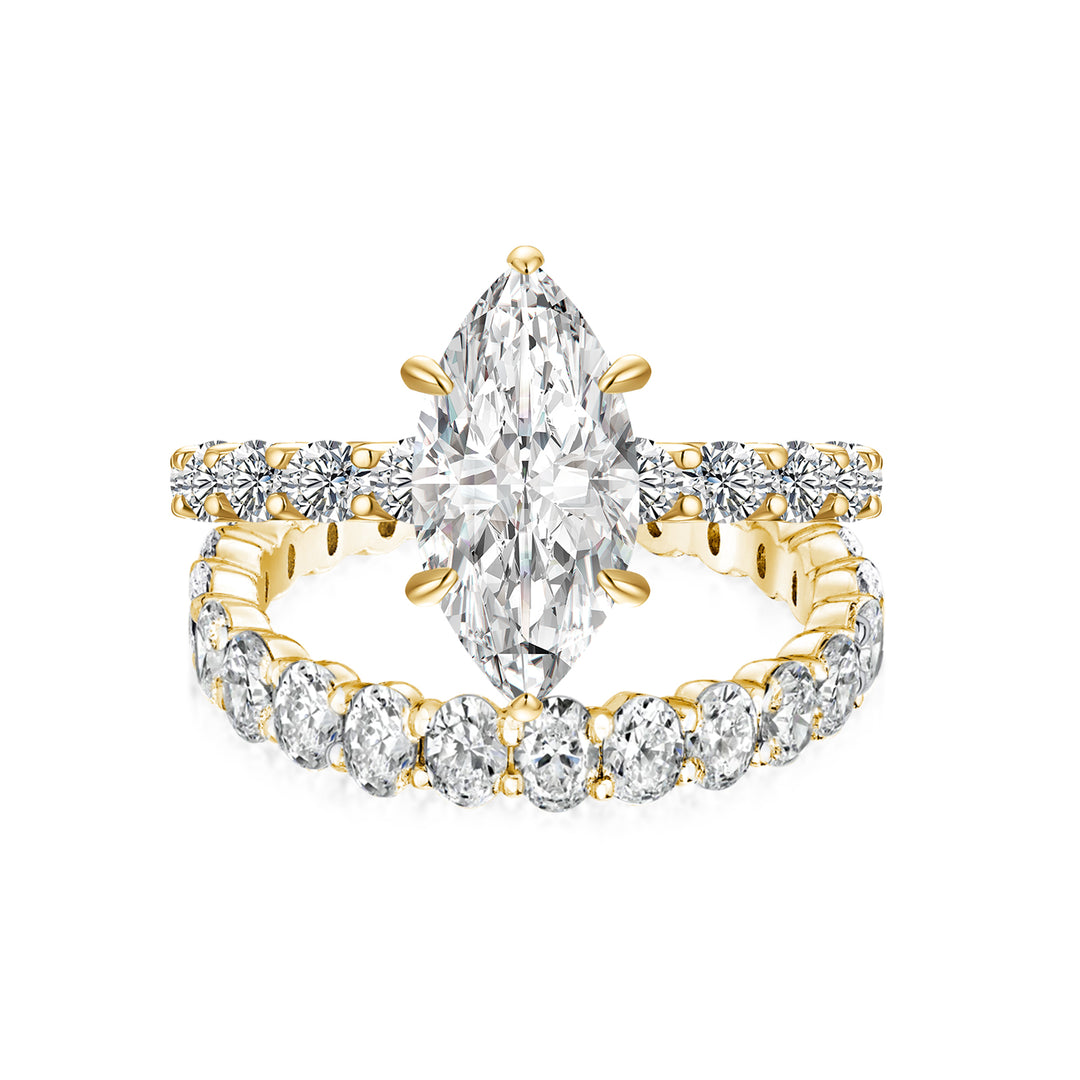 Moissanite 3.0Ct Marquise Cut Yellow Gold Wedding Ring with Oval Cut Wedding Ring