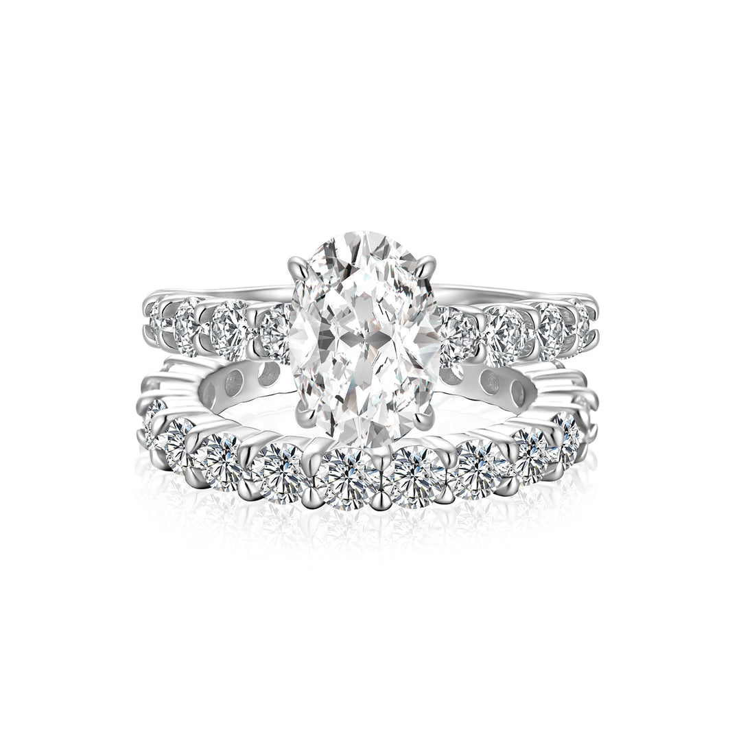 Moissanite 3.0Ct Oval Cut Side Stone White Gold Engagement Ring with Pavé Eternity Ring