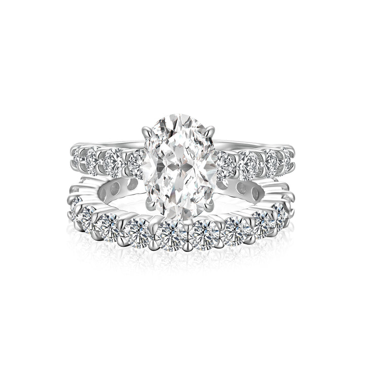 Moissanite 2.5Ct Oval Cut Side Stone White Gold Engagement Ring with Pavé Eternity Ring