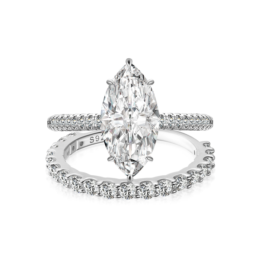 Moissanite 3.0Ct Marquise Cut Pave Three-Sided Band Bridal Ring Set