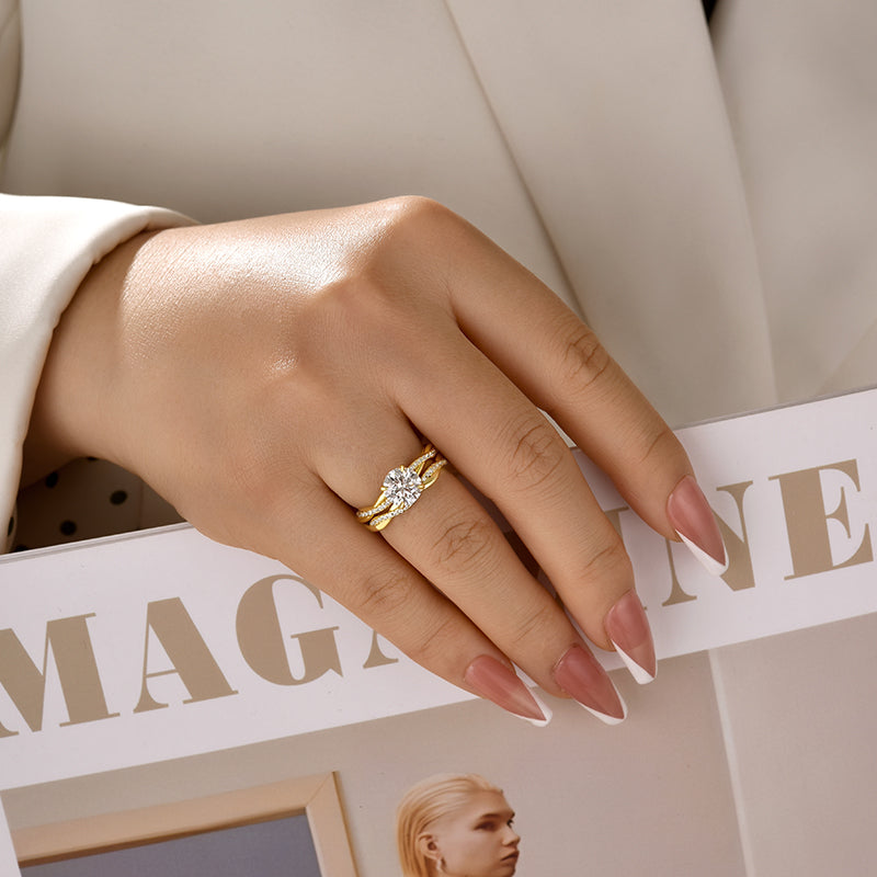 Rodiffy Moissanite 1.2 Ct/2.0 Ct Twist Yellow Gold Pave Wedding Ring Set