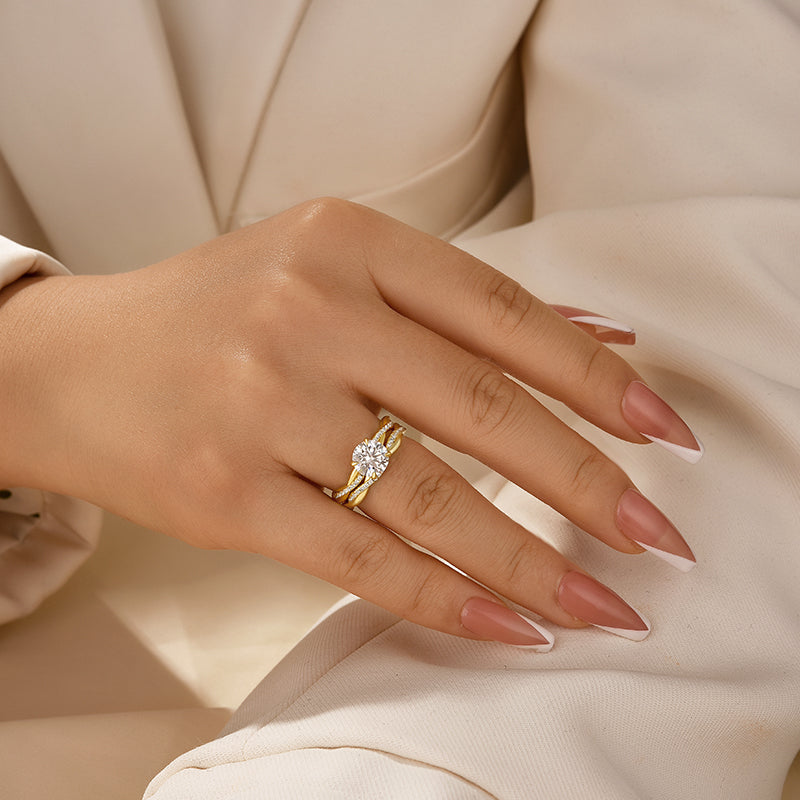 Rodiffy Moissanite 1.2 Ct/2.0 Ct Twist Yellow Gold Pave Wedding Ring Set