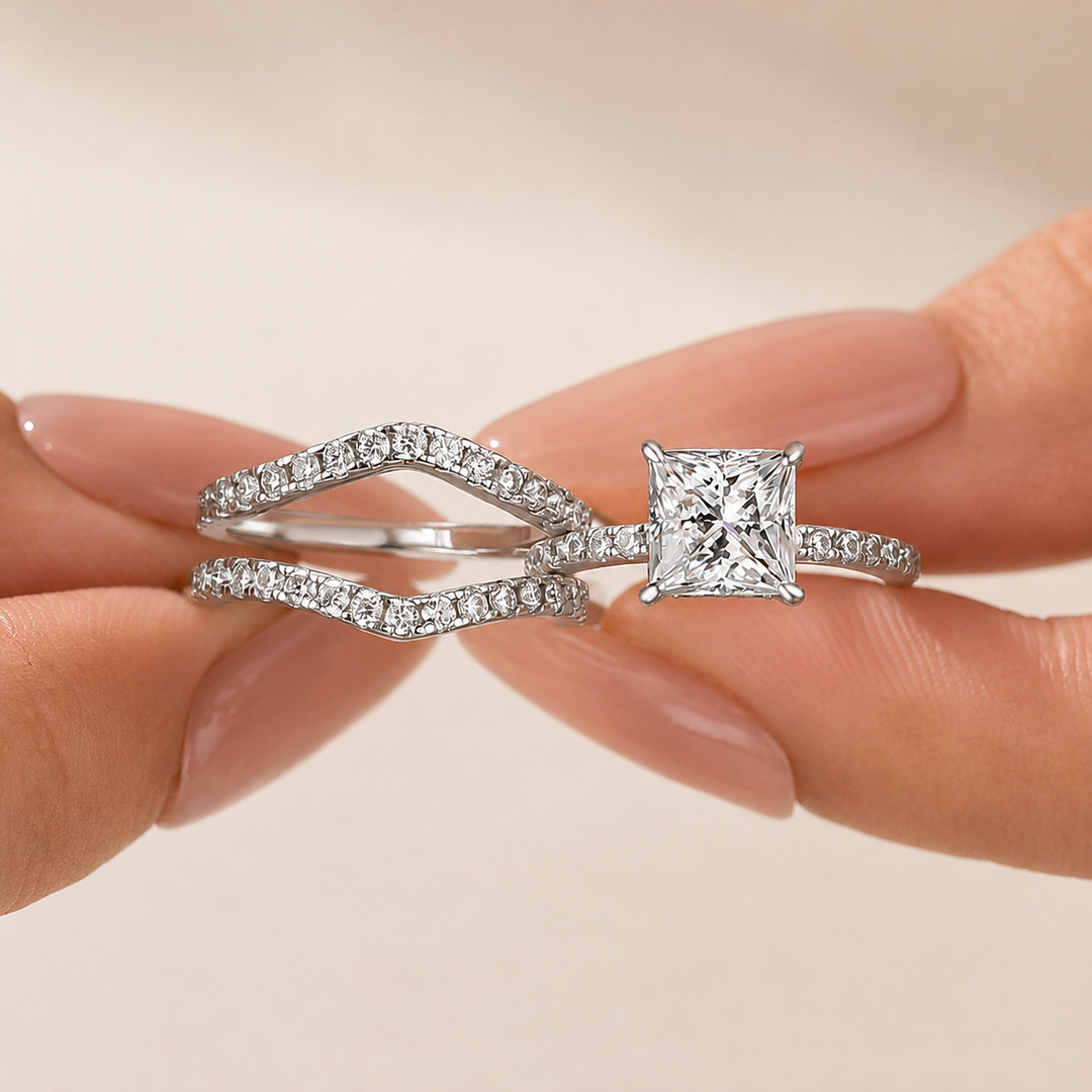 Moissanite 2.0Ct Princess Cut White Gold Wedding Ring with Enhancer Ring