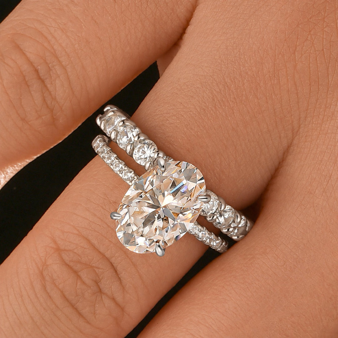 Moissanite 4.0Ct Oval Cut Hidden Halo 2PC Stackable Statement Ring Sets In Sterling Silver